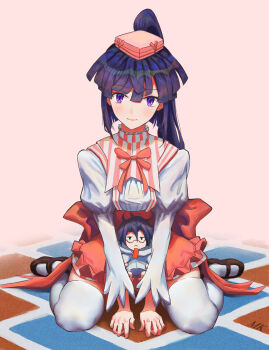 Rule 34 | 1girl, absurdres, akatsuki (log horizon), apron, between legs, character doll, closed mouth, doll, dress shirt, full body, hair between eyes, hand between legs, hat, high ponytail, highres, log horizon, long hair, long sleeves, looking at viewer, mary janes, mini hat, miniskirt, neck ribbon, orange skirt, pink hat, ponytail, purple eyes, purple hair, red apron, red ribbon, ribbon, shiroe (log horizon), shirt, shoes, sitting, skirt, smile, solo, striped clothes, striped skirt, suspender skirt, suspenders, thighhighs, waist apron, wariza, white shirt, white thighhighs, xiaride maoku, zettai ryouiki