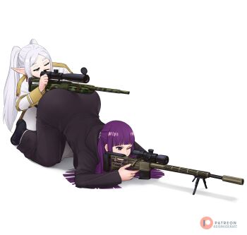2girls absurdres aiming ass between_buttocks dismaiden dress elf fern_(sousou_no_frieren) frieren green_eyes gun highres human_bipod long_hair multiple_girls one_eye_closed pointy_ears purple_eyes purple_hair rifle sniper_rifle sousou_no_frieren top-down_bottom-up twintails weapon white_hair