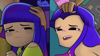 1boy 1girl before_and_after glitch_techs hector_nieves highres hug implied_sex luda_lewdo meme miko_kubota multicolored_hair purple_hair sometimes_like_this/also_like_that_(meme)