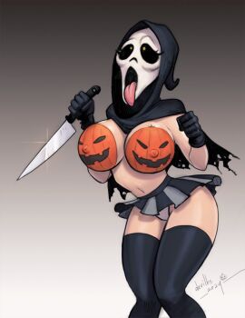 1girl ahegao black_gloves black_skirt black_thighhighs bodypaint breasts devilhs genderswap genderswap_(mtf) ghostface gloves gradient_background grey_background halloween halloween_costume highres holding holding_knife jack-o'-lantern knife large_breasts microskirt navel nipples panties pleated_skirt scream_(movie) signature skirt thighhighs tongue tongue_out underwear white_panties wide_hips