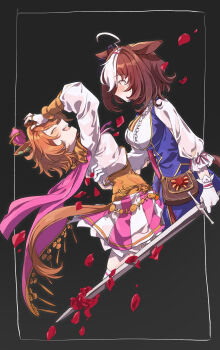 2girls ahoge amano_(amano_miko) animal_ears arm_around_waist armor bag between_breasts blue_dress blush bow breasts brown_hair cape closed_eyes commentary_request corset crown double-parted_bangs dress ear_ornament ear_ribbon fingerless_gloves flower gloves gold hair_between_eyes hairband hand_on_own_forehead headband highres holding holding_sword holding_weapon horse_ears horse_girl horse_tail jewelry large_breasts long_sleeves medium_hair meisho_doto_(turbulent_blue)_(umamusume) meisho_doto_(umamusume) mini_crown multicolored_hair multiple_girls multiple_rings open_mouth orange_hair orange_tail petals pink_cape pink_crown pink_hairband pink_headband purple_eyes ring shirt short_hair shoulder_armor shoulder_bag skirt smile strap_between_breasts sword t.m._opera_o_(o_sole_suo!)_(umamusume) t.m._opera_o_(umamusume) tail thighhighs two-tone_hair two-tone_skirt umamusume weapon white_dress white_gloves white_hair white_shirt white_thighhighs