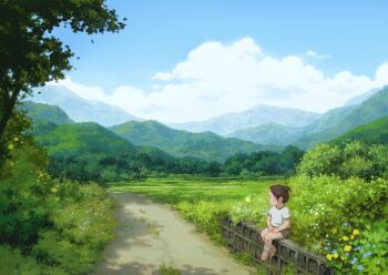 1girl blue_flower blue_sky brown_hair brown_shoes brown_shorts bush child cloud commentary day english_commentary field flower forest grass mountain mountainous_horizon nature original outdoors path profile reengirl road scenery shade shadow shirt shoes short_hair short_sleeves short_twintails shorts sitting sky socks solo t-shirt tree twintails white_shirt white_socks yellow_flower