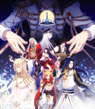 1girl 6+boys 713meng abs absurdres aiguillette alkaid_mcgrath alkaid_mcgrath_(spirit_world) animal_ears antlers aqua_eyes armlet armor asmoran_(lovebrush_chronicles) ayn_alwyn ayn_alwyn_(spirit_world) bangle bare_shoulders bead_necklace beads black_background black_cape black_coat black_gloves black_hair black_hat black_horns black_pants black_sash black_shirt black_vest blonde_hair blue_eyes blue_hair blue_sash bracelet braid cael_anselm cael_anselm_(spirit_world) cape chinese_commentary circlet clarence_clayden clarence_clayden_(spirit_world) cloak closed_mouth coat collared_shirt crescent crescent_necklace crop_top curtained_hair dark-skinned_male dark_skin deer_antlers detached_sleeves earrings epaulettes expressionless fingerless_gloves frey_(lovebrush_chronicles) gloves gold_collar gold_necklace green_eyes hair_between_eyes hair_over_shoulder hair_tubes hat head_chain head_out_of_frame head_rest heroine_(lovebrush_chronicles) highres holding holding_instrument hoop_earrings horns horse_boy horse_ears instrument jacket jewelry lars_rorschach lars_rorschach_(infinite_empire) lion_boy lion_ears lion_tail lips long_bangs long_hair long_sleeves looking_at_viewer looking_down looking_to_the_side looking_up lovebrush_chronicles low-tied_long_hair low-tied_sidelocks low_ponytail lute_(instrument) medium_hair midriff monocle multiple_boys multiple_rings necklace nil_lars no_nipples open_clothes open_coat open_hand open_robe outline pants parted_bangs peaked_cap pectoral_cleavage pectorals pendant pink_outline ponytail profile purple_eyes purple_robe red_cloak red_coat red_robe red_skirt ring robe sash see-through_clothes see-through_shawl shards shawl shirt short_hair shoulder_armor sidelocks single_braid single_hair_tube single_horn sitting skirt sleeve_cuffs sleeve_garter sleeveless sleeveless_shirt sleeveless_turtleneck sol_lars standing tail thighlet toned toned_male tower turtleneck upper_body vest white_cape white_hair white_jacket white_outline white_pants white_robe white_shawl white_shirt white_sleeves white_vest wolf_boy wolf_ears yellow_eyes