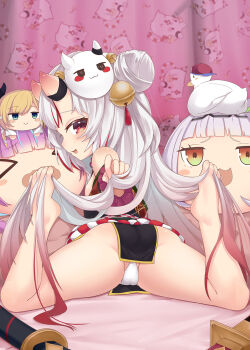 1girl :3 aged_down ass barefoot bed_sheet bell between_toes black_kimono blonde_hair blush cameltoe character_doll doll feet feet_up female_focus from_behind full_body gold_trim gradient_hair grey_hair hair_bell hair_between_toes hair_ornament hand_up highres holding hololive horns indoors japanese_clothes jingle_bell katana kimono legs light_purple_hair loli long_hair looking_at_viewer looking_back lying mask mask_on_head minato_aqua multicolored_hair murasaki_shion nakiri_ayame off_shoulder on_stomach oni_mask open_mouth panties poyoyo_(nakiri_ayame) purple_hair red_eyes red_hair rope senbon_tsuki shimenawa sidelocks skin-covered_horns streaked_hair subaru_duck swept_bangs sword tassel thighs toenails toes underwear very_long_hair virtual_youtuber weapon white_panties yuzuki_choco