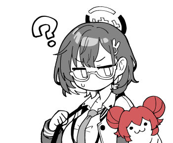 ? angel blue_archive blue_hair chihiro_(blue_archive) glasses hacker hair_ornament hairpin halo jacket junsuina_fujunbutsu maki_(blue_archive) necktie open_clothes open_jacket red_hair shirt white_shirt