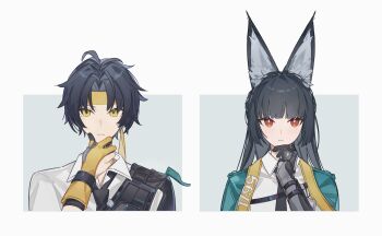 Rule 34 | 1boy, 1girl, animal ear fluff, animal ears, aqua jacket, arm out of sleeve, asaba harumasa, black hair, black necktie, blunt bangs, blush, closed mouth, fox ears, fox girl, gauntlets, gloves, hand on own chin, hand up, hashtag-only commentary, headband, highres, hoshimi miyabi, jacket, long hair, necktie, parted bangs, partially fingerless gloves, r 2ibunnn, red eyes, shirt, short hair, single gauntlet, upper body, white shirt, yellow eyes, yellow gloves, yellow headband, zenless zone zero