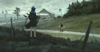 2girls arknights black_gloves black_halo black_jacket black_skirt blue_hair commentary day fiammetta_(arknights) gloves grass halo hand_up highres hood hood_down hooded_jacket jacket long_hair long_sleeves lunifish middle_finger mostima_(arknights) multiple_girls outdoors path plant red_hair red_tail road scenery short_hair short_sleeves skirt standing tail tree unfinished walking wide_shot