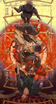 1boy absurdres black_hair black_jacket black_pants black_shirt blood brown_coat cape card_(medium) coat e.g.o_(project_moon) garnet_(project_moon) gem grey_hair highres holding holding_gem holding_sword holding_weapon jacket lapis_(project_moon) laurels leviathan_(project_moon) limbus_company multiple_views o_zpne pants project_moon red_cape red_eyes shirt sword tarot tarot_(medium) the_hanged_man_(tarot) vergilius_(project_moon) walking weapon