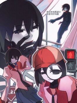 Rule 34 | 1girl, black eyes, black gloves, black hair, black jacket, black necktie, black pants, blue skirt, chinese commentary, chinese text, closed mouth, commentary request, curtains, deerstalker, gakuran, gloves, hair between eyes, hand up, hat, highres, holding, holding magnifying glass, jacket, juliet sleeves, long sleeves, looking at viewer, magnifying glass, monogatari (series), multiple views, naoetsu high school uniform, necktie, no pupils, open mouth, oshino ougi, pants, pink shirt, pleated skirt, puffy sleeves, road sign, school uniform, shirt, short hair, sign, skirt, sleeves past fingers, sleeves past wrists, smile, sonnambulo777, translation request, window