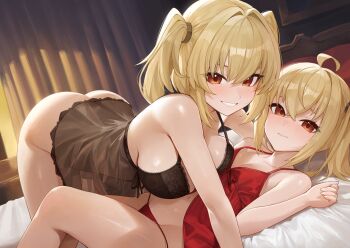 2girls ahoge ass asymmetrical_docking babydoll black_babydoll blonde_hair blush breast_press breasts burnice_white cleavage closed_mouth grin hair_between_eyes hair_intakes highres large_breasts lingerie looking_at_viewer luciana_de_montefio multiple_girls navel nose_blush on_bed orange_eyes panties red_babydoll red_panties side_ponytail sideboob sleepwear small_breasts smile stomach twintails underwear weimiaw zenless_zone_zero