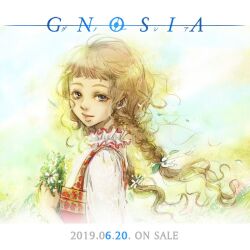 Rule 34 | 1girl, alternate costume, braid, copyright name, cotori (globule), english text, flower, gnosia, grey eyes, hair flower, hair ornament, happy, kukrushka (gnosia), long hair, looking at viewer, low twin braids, official art, petals, smile, solo, twin braids, wavy hair