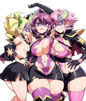 3girls black_cape blonde_hair breasts canola_(mahou_shoujo_201) cape cherry_boy_(mahou_shoujo_201) commentary_request dominatrix domino_mask eye_mask highres large_breasts leotard long_hair looking_at_viewer mahou_shoujo_201 mask mucha_(muchakai) multiple_girls naughty_face pink_hair purple_hair purple_leotard purple_thighhighs sexy_fujiyama sideboob thighhighs thighs