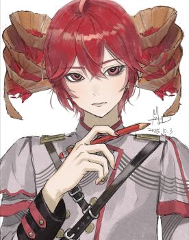 1girl chinese_commentary closed_mouth commentary dated drill_hair grey_jacket hand_up highres holding holding_pencil jacket kasane_teto kasane_teto_(sv) long_sleeves looking_at_viewer pencil pencil_shaving red_eyes red_hair shoulder_belt signature solo synthesizer_v twin_drills upper_body utau zhijiu808