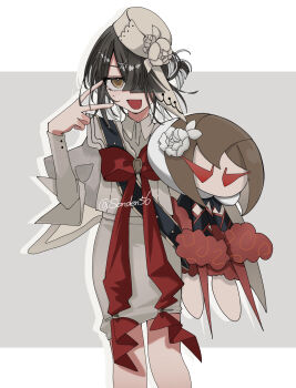 Rule 34 | 1girl, absurdres, black hair, bow, bowtie, breasts, brown eyes, capelet, commentary request, dress, fate/grand order, fate (series), flower, hair over one eye, hat, highres, juliet sleeves, lady yu doll, long sleeves, looking at viewer, mole, mole under eye, open mouth, puffy sleeves, short hair, small breasts, smile, solo, tokumori ramen, v, white capelet, white dress, white hat, xu fu (celebratory attire) (fate), xu fu (fate)