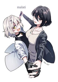 Rule 34 | ;d, black collar, black gloves, black hair, braid, breasts, character request, cleavage, collar, collarbone, color-les, commentary, copyright name, english commentary, fingernails, flat chest, gloves, grey eyes, highres, holding hands, large breasts, malati, one eye closed, open mouth, pale skin, short hair, signature, smile, white hair, yellow eyes, yuri