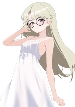 1girl absurdres arm_at_side black-framed_eyewear blonde_hair blush breasts brown_hair character_request closed_mouth commentary_request copyright_request cowboy_shot dress floating_hair glasses grey_eyes hand_in_own_hair hand_up highres long_hair looking_at_viewer oldsickkim round_eyewear simple_background sleeveless sleeveless_dress small_breasts smile solo standing straight_hair sundress white_background white_dress