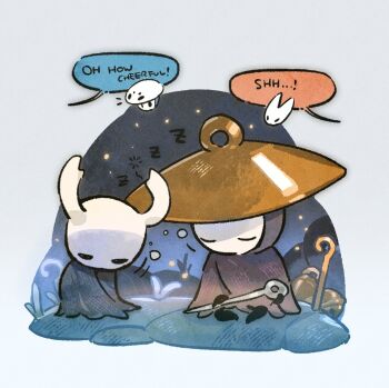 1girl 1other 2boys arthropod_boy black_eyes cloak english_text hashtag-only_commentary hat highres holding_sewing_needle hollow_knight hollow_knight:_silksong hornet_(hollow_knight) horns knight_(hollow_knight) multiple_boys needle needle_(hollow_knight) quirrel sewing_needle sherma_(hollow_knight) sitting sleeping speech_bubble squeans wraith615 zzz