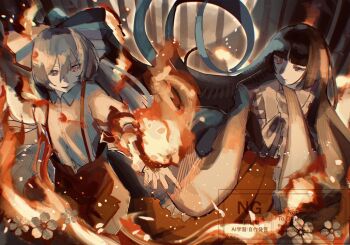 Rule 34 | 2girls, blunt bangs, bow, closed mouth, collared shirt, commentary, cowboy shot, embers, fire, floating hair, fujiwara no mokou, grey hair, hair bow, hand up, highres, houraisan kaguya, long hair, long sleeves, looking at another, multiple girls, multiple hair bows, neruko (piano00324), orange theme, pants, parted lips, pyrokinesis, shirt, skirt, sleeves past fingers, sleeves past wrists, smile, suspenders, touhou, warm colored, wide sleeves