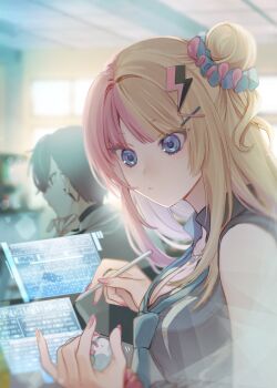 1boy 1girl :&lt; black_hair black_shirt blonde_hair blue_eyes blue_necktie blue_scrunchie blurry blurry_background breasts cleavage closed_mouth collared_shirt commentary computer english_commentary eyelashes fingernails gradient_hair hair_bun hair_intakes hair_ornament hair_scrunchie hands_up highres holding holding_stylus holographic_interface holographic_monitor indoors jewelry kaburagi_(pnoir087) kotocat_(kotoka_torahime) kotoka_torahime kotoka_torahime_(1st_costume) large_breasts lens_flare light_particles lightning_bolt lightning_bolt_hair_ornament lightning_bolt_symbol long_fingernails long_hair looking_to_the_side monitor multicolored_hair multiple_monitors nail_polish necklace necktie nijisanji nijisanji_en pink_hair pink_nails pink_scrunchie red_hair scrunchie shirt short_hair sidelocks single_side_bun sleeveless sleeveless_shirt split-color_hair stylus two-tone_hair upper_body ver_vermillion ver_vermillion_(1st_costume) virtual_youtuber white_shirt window wrist_scrunchie x_hair_ornament