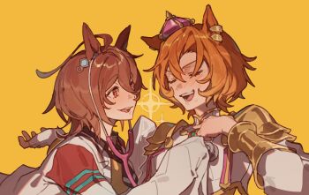 2girls absurdres agnes_tachyon_(tach-nology)_(umamusume) agnes_tachyon_(umamusume) ahoge animal_ears armor blush brown_hair closed_eyes collared_shirt crown fingerless_gloves gloves gold_armor hair_between_eyes highres holding holding_stethoscope horse_ears horse_girl itspoff lab_coat long_sleeves looking_at_another mini_crown multiple_girls necktie official_alternate_costume open_mouth orange_hair shirt simple_background single_fingerless_glove sleeves_past_fingers sleeves_past_wrists sparkle stethoscope sweat t.m._opera_o_(o_sole_suo!)_(umamusume) t.m._opera_o_(umamusume) teeth umamusume upper_teeth_only yellow_background yellow_shirt
