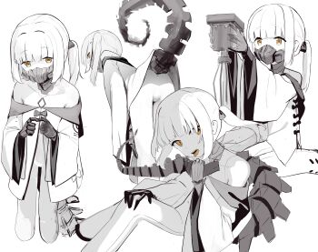 1girl absurdres blue_archive blunt_bangs commentary covered_mouth diu1 ein_(blue_archive) greyscale highres holding leotard looking_at_viewer mask mechanical_hands mechanical_tail monochrome multiple_views respirator sharp_teeth short_hair short_twintails simple_background spot_color symbol-shaped_pupils tail teeth tongue tongue_out twintails unworn_mask upper_teeth_only white_background x-shaped_pupils yellow_eyes