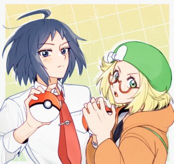 Rule 34 | 1boy, 1girl, ahoge, bianca (pokemon), black hair, blonde hair, blue eyes, breast pocket, cheren (pokemon), collared shirt, commentary request, green eyes, green hat, hat, jacket, korean commentary, necktie, nintendo, open mouth, orange jacket, pocket, pokemon, pokemon bw2, red-framed eyewear, red necktie, shirt, ulala 0w0, upper body, white shirt