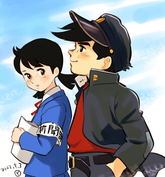 Rule 34 | 1boy, 1girl, armband, asai yoko, banchou, belt, black belt, black eyes, black hair, black hat, black jacket, black pants, blue jacket, blue skirt, blue sky, brown eyes, closed mouth, cloud, commentary, cross scar, dated, delinquent, from side, gakuran, hand in pocket, harris no kaze, hat, highres, holding, holding paper, ishida kunimatsu, jacket, looking at another, looking to the side, neck ribbon, open clothes, open jacket, outdoors, pants, paper, parted lips, peaked cap, pleated skirt, red ribbon, red shirt, ribbon, sakai yume, scar, scar on face, school uniform, shirt, shirt tucked in, short hair, short twintails, signature, skirt, sky, smile, standing, twintails, white shirt