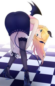 1girl arlonn ass bare_shoulders bent_over black_horns black_skirt black_tail black_thighhighs black_wings blonde_hair breasts checkered_floor demon_girl demon_horns demon_tail demon_wings high_heels highres hololive horns large_breasts long_hair pink_shirt shirt simple_background skirt solo tail thighhighs virtual_youtuber white_background wings yuzuki_choco