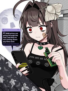 Rule 34 | 1girl, @ @, ahoge, bags under eyes, bandaid, bandaid on arm, bandaid on cheek, bandaid on face, black nails, black tank top, breasts, brown hair, cable, cable tail, commentary, electric plug, electric plug tail, english commentary, food bite, hair intakes, highres, long hair, looking at phone, mechanical tail, medium breasts, mole, mole under eye, moth hair ornament, moth on head, original, phone, red eyes, solo, tail, tank top, vickie (cryingrobot), vickie (cryingrobot) (character), year 2000 problem, you are an idiot (virus)