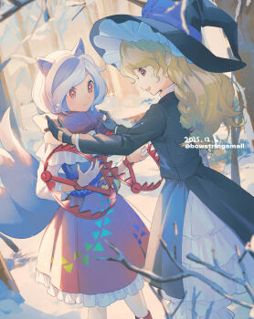 Rule 34 | 2girls, :d, adjusting another's clothes, animal ears, bear trap, black gloves, black jacket, black skirt, blonde hair, blue hair, braid, branch, closed mouth, commentary request, dated, dog ears, dog girl, dog tail, gloves, hat, hat ribbon, highres, jacket, kirisame marisa, layered skirt, long hair, long sleeves, mitsugashira enoko, multicolored hair, multiple girls, multiple tails, oito (bowstringsmall), open mouth, outdoors, outstretched arms, petticoat, pink skirt, purple hair, purple ribbon, purple scarf, purple shirt, red eyes, ribbon, scarf, shirt, short hair, side braid, single braid, skirt, smile, snow, standing, streaked hair, tail, touhou, twitter username, white hair, white skirt, winter, witch hat