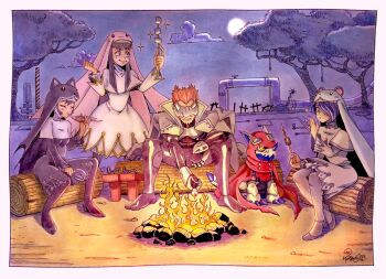 1boy 3girls ^_^ animal_ears animal_hat armor black_bodysuit black_dress black_eyes black_footwear black_veil blue_hair blue_veil blunt_bangs blunt_sidelocks bodysuit boots breastplate breasts cable campfire camping cape cat_hat claws cloak closed_eyes coat coat_on_shoulders commission digimon digimon_(creature) dress eating electric_plug facial_hair fire food food_in_mouth frown full_moon gankoomon geta goatee goggles goggles_on_head green_eyes grey_eyes grey_hair habit hair_over_one_eye hand_to_own_mouth hand_up hat holding holding_stick hood hood_up horns industrial_pipe log long_sidelocks long_sleeves looking_at_another lop_rabbit_ears marshmallow moon mouse_hat multiple_girls mustache night nun painting_(medium) pencil_mustache pink_veil pinky_out rabbit_ears rabbit_hat red_cape red_cloak red_hair red_hood roasted_marshmallow roasting sandals short_dress short_hair siblings sidelocks single_horn sistermon_blanc sistermon_ciel sistermon_noir sisters sitting sitting_on_log sky solid_circle_eyes sparkle standing stick tail taragraphika tengu-geta thigh_boots traditional_media tree twins unworn_sandals veil watercolor_(medium) white_coat white_dress white_footwear yellow_eyes