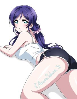 1girl ass azuresakura bare_shoulders blush breasts green_eyes highres large_breasts long_hair looking_at_viewer love_live! lying on_stomach pink_scrunchie purple_hair scrunchie shirt short_shorts shorts simple_background sleeveless sleeveless_shirt solo spaghetti_strap tojo_nozomi twintails white_background white_shirt