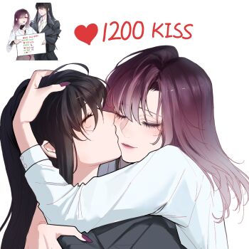 2girls arms_around_neck black_coat black_gloves black_hair closed_eyes closed_mouth coat collared_shirt commentary commentary_request elbow_gloves english_commentary flower gloves gradient_hair hair_over_one_eye hand_on_another&#039;s_back hands_on_another&#039;s_head heart highres holding holding_sign kiss kissing_cheek lezissmitozer like_and_retweet long_hair long_sleeves looking_at_viewer multicolored_hair multiple_girls neckerchief parted_lips path_to_nowhere purple_eyes purple_hair purple_nails rahu_(path_to_nowhere) scar scar_across_eye scar_on_face shalom_(path_to_nowhere) shirt sign simple_background sweatdrop twitter_strip_game upper_body white_background white_flower white_hair white_neckerchief white_shirt yuri