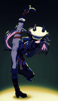 1girl absurdres animal_ears black_boots black_hair black_jacket black_pants boots closed_mouth commentary ears_through_headwear fenomeno_(black_flames_of_the_righteous_spirit)_(umamusume) fenomeno_(umamusume) flipped_hair full_body hat highres horse_ears horse_girl horse_tail horseshoe_hat_ornament horseshoe_ornament jacket kitnoko long_hair long_sleeves looking_at_viewer multicolored_hair pants peaked_cap purple_eyes purple_hair shirt solo split standing standing_on_one_leg standing_split symbol-only_commentary tail umamusume