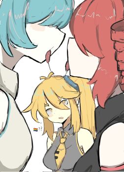 3girls ? ?? after_kiss akita_neru black_shirt blonde_hair blue_hair detached_sleeves grey_shirt hatsune_miku highres kasane_teto m3link meme multiple_girls no_eyes pride_flag_question_mark_(meme) rainbow_flag red_hair saliva saliva_trail shirt simple_background sleeveless sleeveless_shirt tongue tongue_out vocaloid white_background white_shirt yellow_eyes yuri
