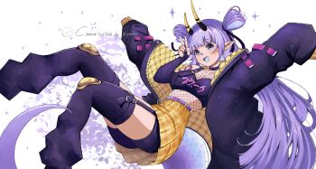 1girl absurdres ariyawna arm_tattoo bandaid bandaid_on_face bandaid_on_nose belt black_jacket black_shirt black_shorts black_thighhighs blunt_bangs breasts clothes_writing colored_tongue commentary commission earrings eyelashes fingernails fishnet_top fishnets highres horns indie_virtual_youtuber jacket jewelry long_hair long_sleeves midriff nail_polish open_clothes open_jacket open_mouth pointy_ears purple_belt purple_hair purple_nails shirt shorts shorts_under_skirt single_off_shoulder skirt smile solo sparkle tattoo thighhighs twitter_username v very_long_hair virtual_youtuber white_background yellow_skirt yimles
