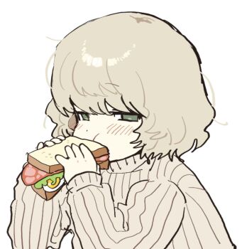 1boy blush brown_hair brown_sweater commentary_request eating egg_sandwich food fried_egg green_eyes ham hands_up highres korean_commentary lettuce library_of_ruina looking_at_viewer medium_hair project_moon ribbed_sweater sandwiched solo stephan_(project_moon) stephe666q sweater