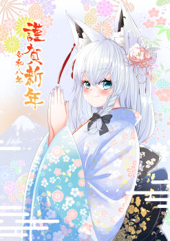 1girl absurdres animal_ear_fluff animal_ears aqua_eyes blush braid closed_mouth commentary_request fingernails floral_print floral_print_kimono flower fox_ears fox_girl furisode hair_between_eyes hair_flower hair_ornament highres hololive japanese_clothes kimono long_hair looking_at_viewer nail_polish nengajou new_year pink_flower print_kimono shirakami_fubuki smile solo very_long_hair virtual_youtuber white_nails yukiya_(kurozato137)