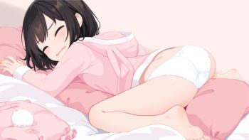 1girl ass barefoot black_hair blush closed_eyes clothed_masturbation crotch_rub fake_tail feet female_masturbation hood humping legs loli lying masturbation no_pants on_stomach open_mouth original pajamas panties pillow pillow_humping pillow_straddling pink_pajamas pink_shirt pink_shorts rabbit_tail shirt short_hair shorts soles solo straddling tail thighs toes underwear unworn_shorts watapan_club white_panties