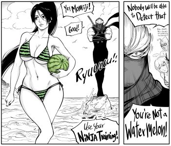 ... 2boys 2girls absurdres ayane_(doa) bare_shoulders bb_(baalbuddy) bikini bird breasts cleavage cloud cloudy_sky collarbone commentary day english_commentary english_text feet_out_of_frame food fruit full_body hair_between_eyes headband high_ponytail highres holding holding_food holding_fruit holding_watermelon large_breasts light_smile long_hair looking_at_another mask masked momiji_(ninja_gaiden) mouth_mask multiple_boys multiple_girls navel ninja ninja_gaiden ninja_mask ocean outdoors ponytail ryu_hayabusa scar seagull short_hair side-tie_bikini_bottom sky speech_bubble spot_color standing stomach swimsuit sword underboob watermelon weapon zack_(doa)