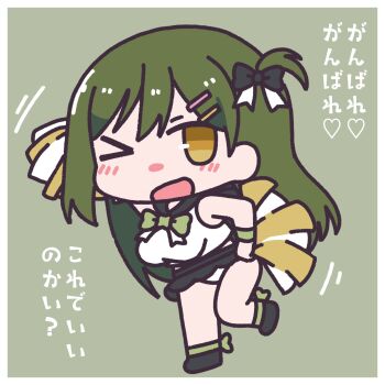 &gt;_o 1girl ;d alternate_costume arm_up black_sailor_collar black_shoes black_skirt border bow bowtie breasts cheering cheerleader chibi chibi_only commentary green_background green_bow green_bowtie green_hair hair_ornament hairclip heart highres holding holding_pom_poms kumaneko_(kumaneko1138) large_breasts leg_up link!_like!_love_live! looking_at_viewer love_live! microskirt motion_lines ogami_sachi one_eye_closed one_side_up open_mouth panties parallel_hairclips pom_pom_(cheerleading) pom_poms sailor_collar shoes simple_background skirt smile solo spoken_heart underwear white_border white_panties yellow_eyes