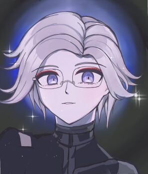 1boy aotsuki_eito black_background blue_background blue_eyes blue_hair eyebrows eyelashes glasses gradient_background highres looking_at_viewer male_focus parted_lips simple_background solo solo_focus the_hundred_line_-last_defense_academy- upper_body white_hair