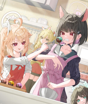 4girls :/ :t absurdres after-school_sweets_club_(blue_archive) ahoge airi_(blue_archive) animal_ears apron black_choker black_jacket black_thighhighs blonde_hair blue_archive bright_pupils choker collarbone colored_inner_hair commentary_request fork green_eyes green_sailor_collar halo highres holding holding_fork jacket kazusa_(blue_archive) kitchen krux_(k_krux) long_hair looking_at_another multicolored_hair multiple_girls natsu_(blue_archive) open_mouth pink_apron pink_hair pink_halo red_apron red_eyes sailor_collar shirt short_hair short_sleeves thighhighs twintails two-tone_hair upper_body white_halo white_pupils white_shirt yellow_eyes yoshimi_(blue_archive)