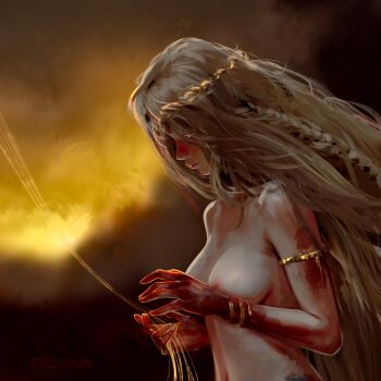 1girl absurdres armlet bare_shoulders black_dress blonde_hair bracelet braid breasts cleavage crisslioo dress elden_ring elden_ring:_shadow_of_the_erdtree highres holding jewelry long_hair medium_breasts queen queen_marika_the_eternal solo string very_long_hair yellow_eyes