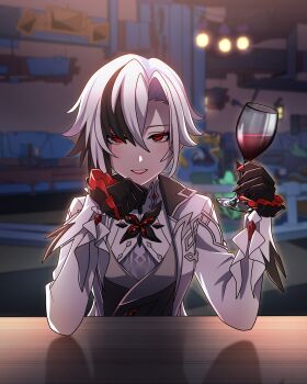 1girl absurdres alcohol arlecchino_(genshin_impact) black_eyes black_hair black_hands blurry blurry_background coat colored_extremities commentary_request cup drinking_glass elbow_rest genshin_impact hands_up highres holding holding_cup indoors lipstick long_sleeves looking_at_viewer makeup multicolored_hair otiba_n parted_lips red_lips red_nails red_pupils smile solo symbol-shaped_pupils two-tone_hair white_coat white_hair wine wine_glass x-shaped_pupils