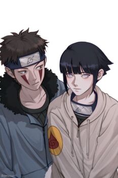 Rule 34 | 1boy, 1girl, black hair, black shirt, blue headband, blunt bangs, brown hair, closed mouth, facial mark, fur-trimmed jacket, fur trim, gon012607, grey hoodie, grey jacket, headband, headband around neck, highres, hood, hood down, hoodie, hyuuga hinata, inuzuka kiba, jacket, looking at another, naruto (series), no pupils, shirt, short hair, upper body, white background, white eyes