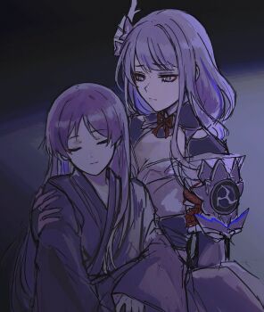 1boy 1girl alternate_hair_length alternate_hairstyle black_bridal_gauntlets blunt_bangs blunt_ends bridal_gauntlets bright_pupils closed_eyes closed_mouth eyelashes eyeliner eyeshadow facing_viewer fan_hair_ornament flower genshin_impact gold_ring hair_flower hair_ornament hand_on_own_shoulder highres japanese_clothes kimono long_hair long_sleeves looking_at_another makeup middle_ring mitsudomoe_(shape) mole mole_under_eye mother_and_son off_shoulder purple_flower purple_hair purple_kimono purple_nails purple_shrug purple_sleeves purple_theme raiden_shogun red_eyeliner red_eyeshadow ringed_eyes scaramouche_(genshin_impact) scaramouche_(kabukimono)_(genshin_impact) sgm618 short_sleeves shrug_(clothing) sidelocks simple_background single_sode swept_bangs tomoe_(symbol) tsurime twitter_username white_pupils wide_sleeves