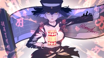 1girl akitsu_maru_(kancolle) black_hair breasts dated female_focus hat highres kantai_collection lantern large_breasts looking_at_viewer military military_uniform pale_skin peaked_cap shinmai_(kyata) short_hair siddham solo twitter_username upper_body yellow_eyes