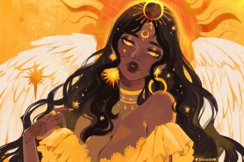 1girl artist_name bare_shoulders black_hair breasts choker cleavage commentary dark-skinned_female dark_skin earrings facial_mark feathered_wings forehead_mark hair_ornament henna jewelry large_breasts long_hair mismatched_earrings orange_eyes original parted_lips ring solo star_(symbol) star_hair_ornament sun upper_body very_dark_skin vicki_tsai wavy_hair wings yellow_choker yellow_nails