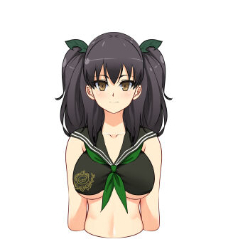 Rule 34 | 1girl, absurdres, armpit crease, ascot, black bra, black hair, black sailor collar, blush, bra, breasts, brown eyes, brown hair, character print, closed mouth, collarbone, commentary, english commentary, green ascot, hair ornament, highres, kometoze, large breasts, leaf, leaf hair ornament, leaf on head, light smile, linea alba, looking at viewer, medium hair, misato (senran kagura), navel, no ahoge, official alternate costume, pontarou (senran kagura), sailor collar, senran kagura, senran kagura new link, senran kagura new wave, short twintails, simple background, solo, twintails, underboob, underwear, upper body, white background